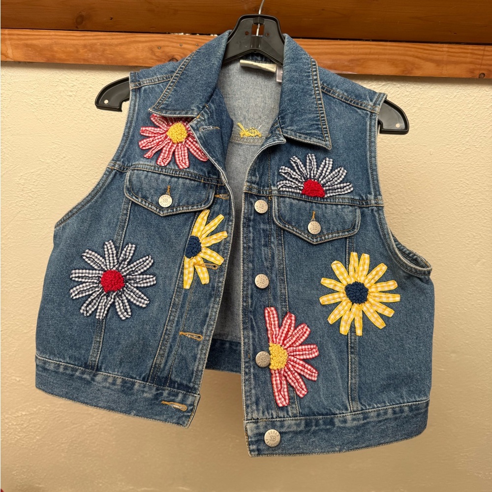 Denim Vest with Floral Embroidery